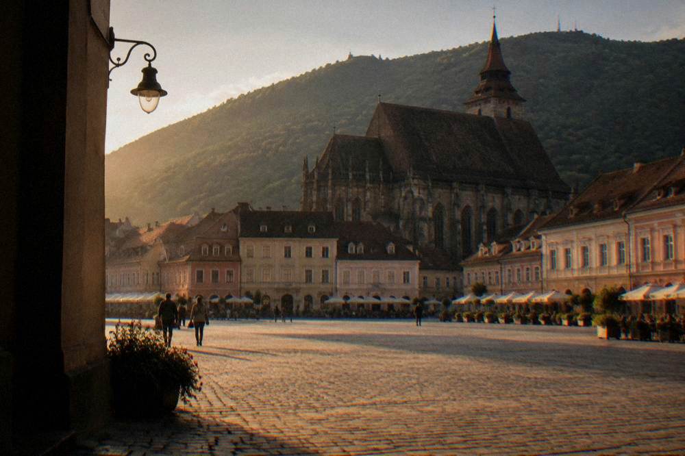 Rooftops of a medieval town square gather in the foreground while a forested mountain rises behind them.