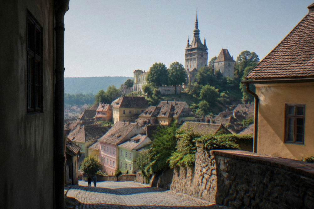 A hilltop medieval citadel rises over red roofs, a clock tower at its center